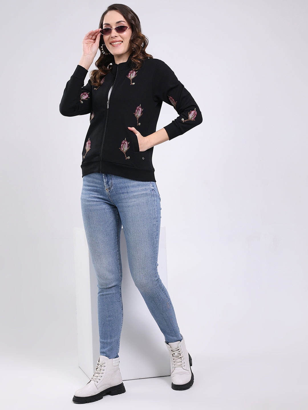 Women Black Self Design Mock Neck Full Sleeve Sweatshirt