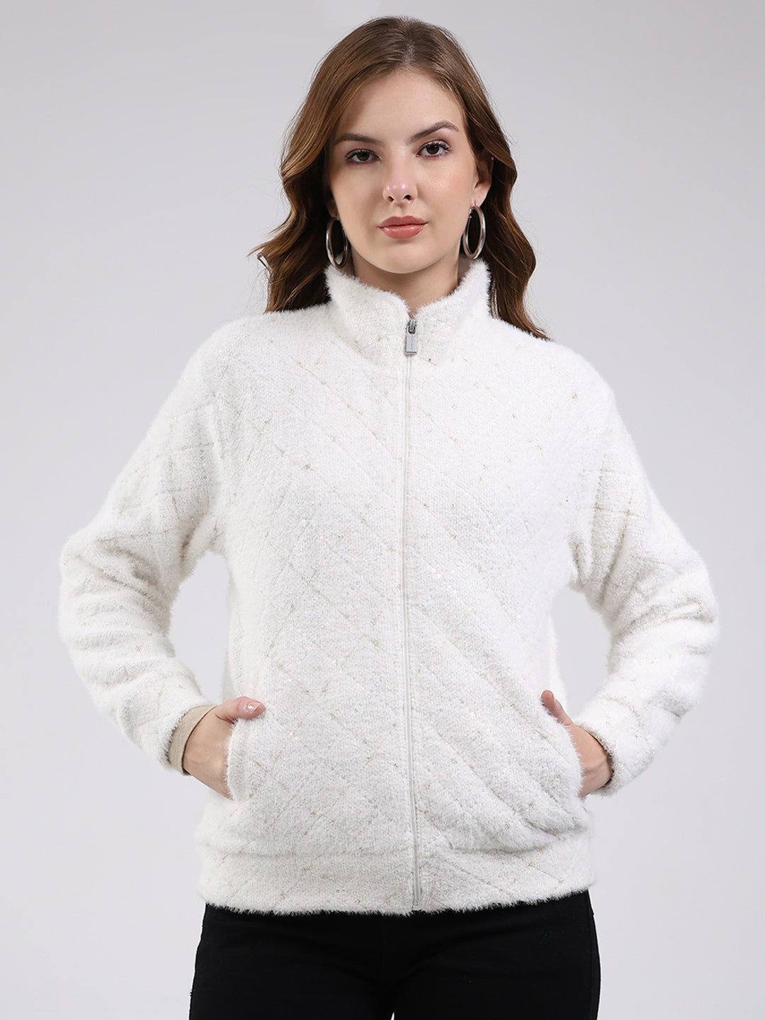 Women Off White Self Design Mock Neck Full Sleeve Sweatshirt