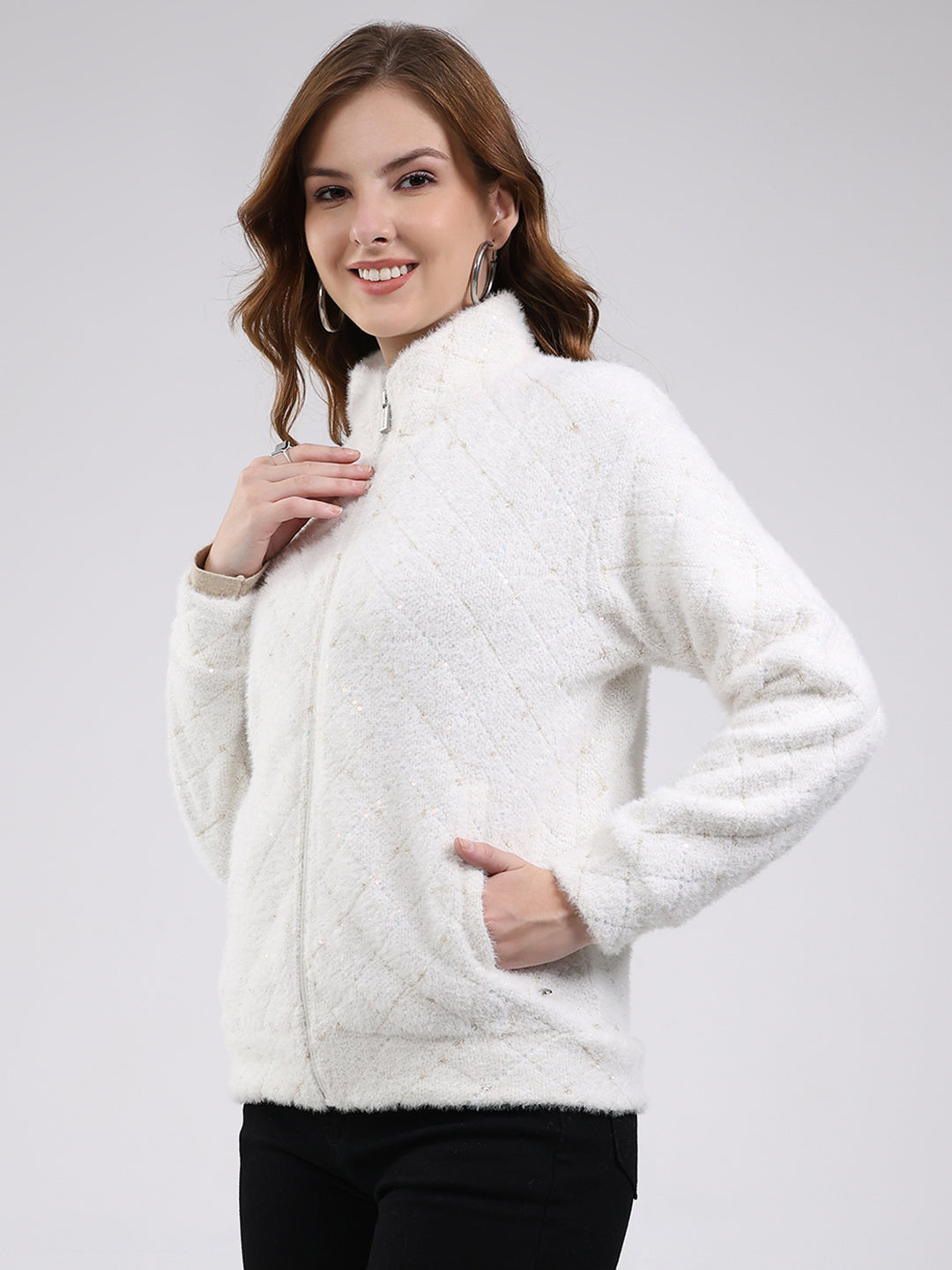 Women Off White Self Design Mock Neck Full Sleeve Sweatshirt