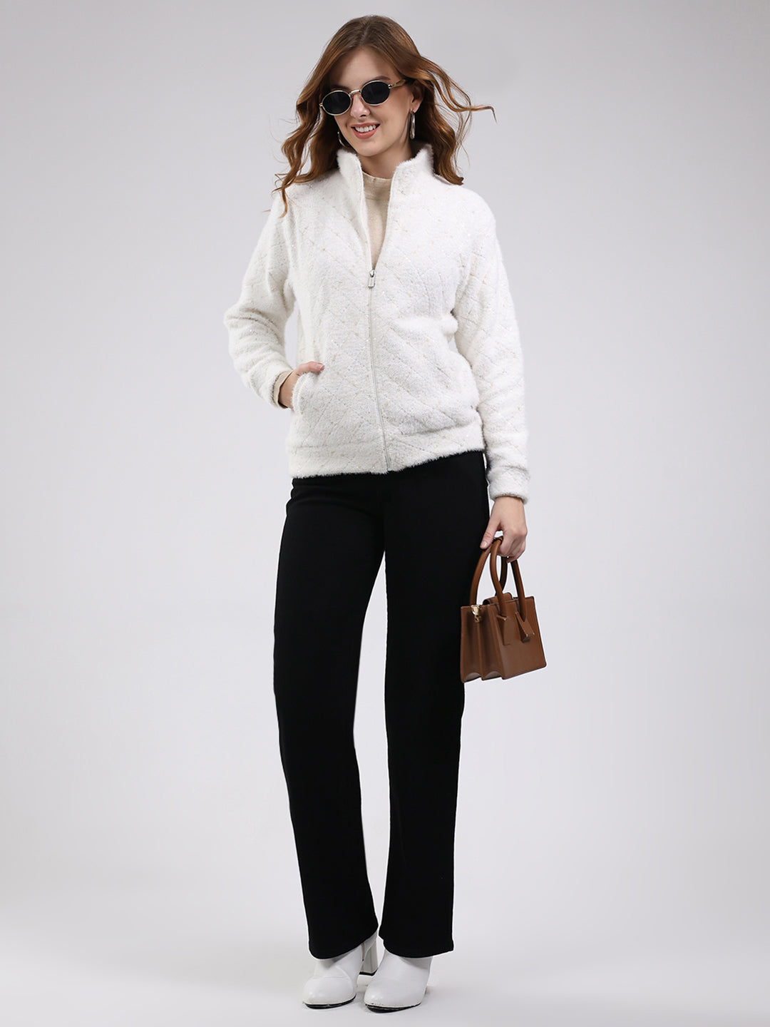 Women Off White Self Design Mock Neck Full Sleeve Sweatshirt