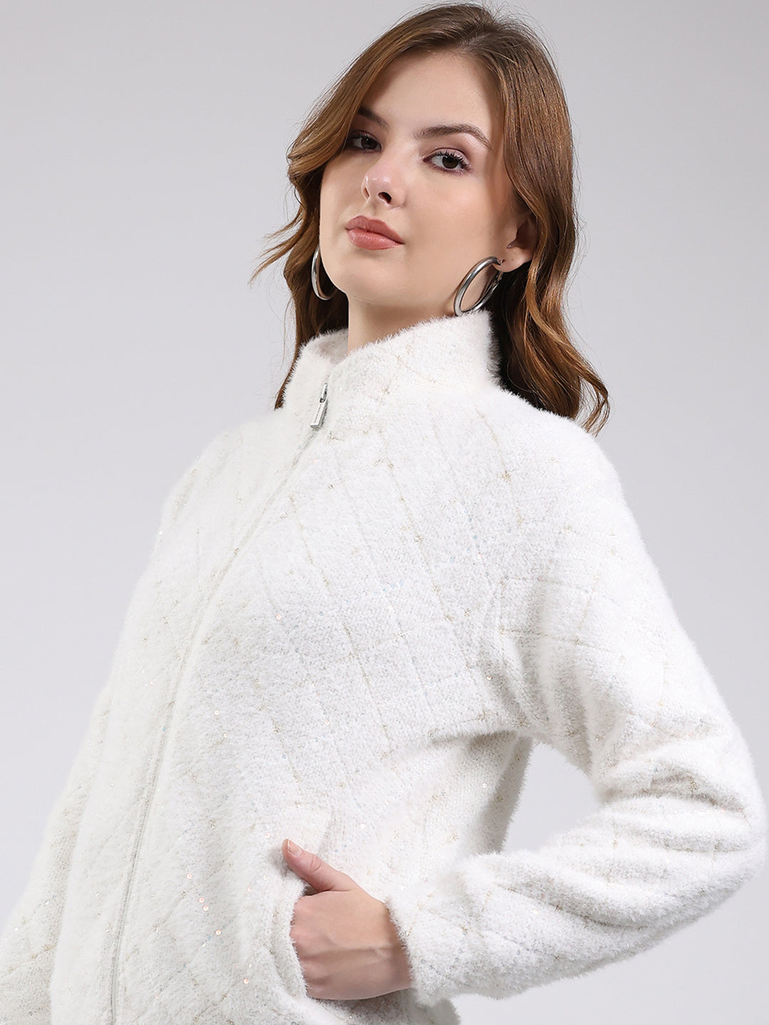 Women Off White Self Design Mock Neck Full Sleeve Sweatshirt