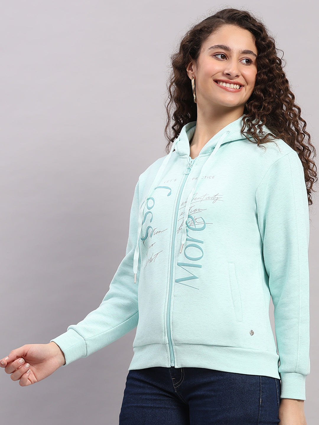 Women Blue Printed Hooded Full Sleeve Sweatshirt