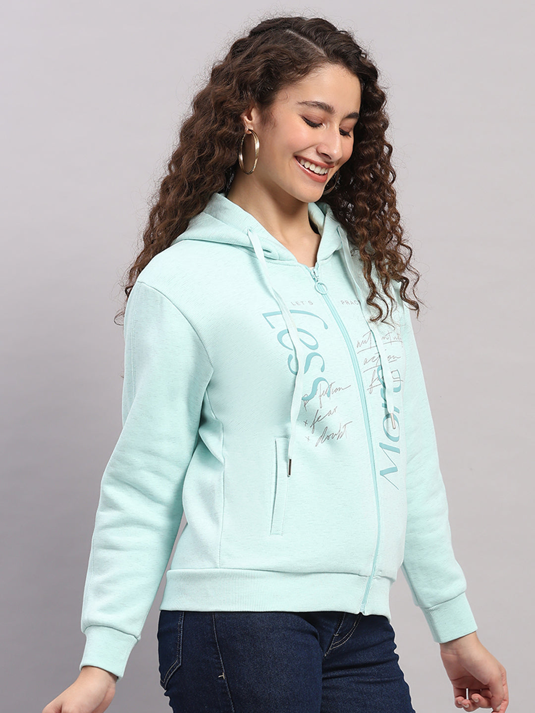 Women Blue Printed Hooded Full Sleeve Sweatshirt