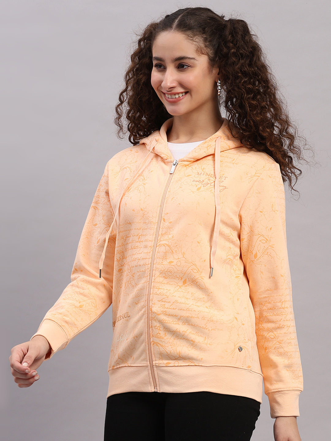 Women Peach Printed Hooded Full Sleeve Sweatshirt