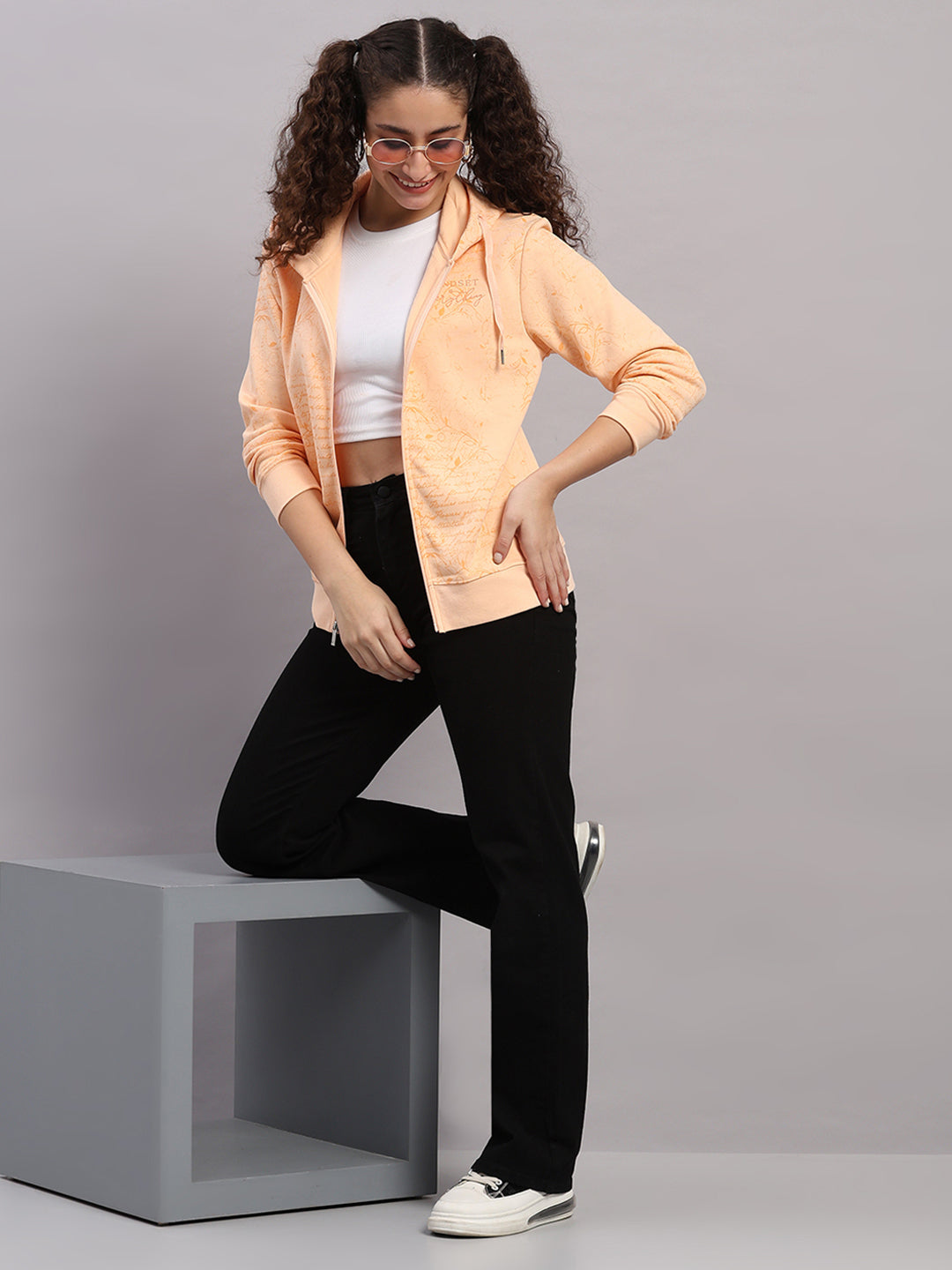 Women Peach Printed Hooded Full Sleeve Sweatshirt