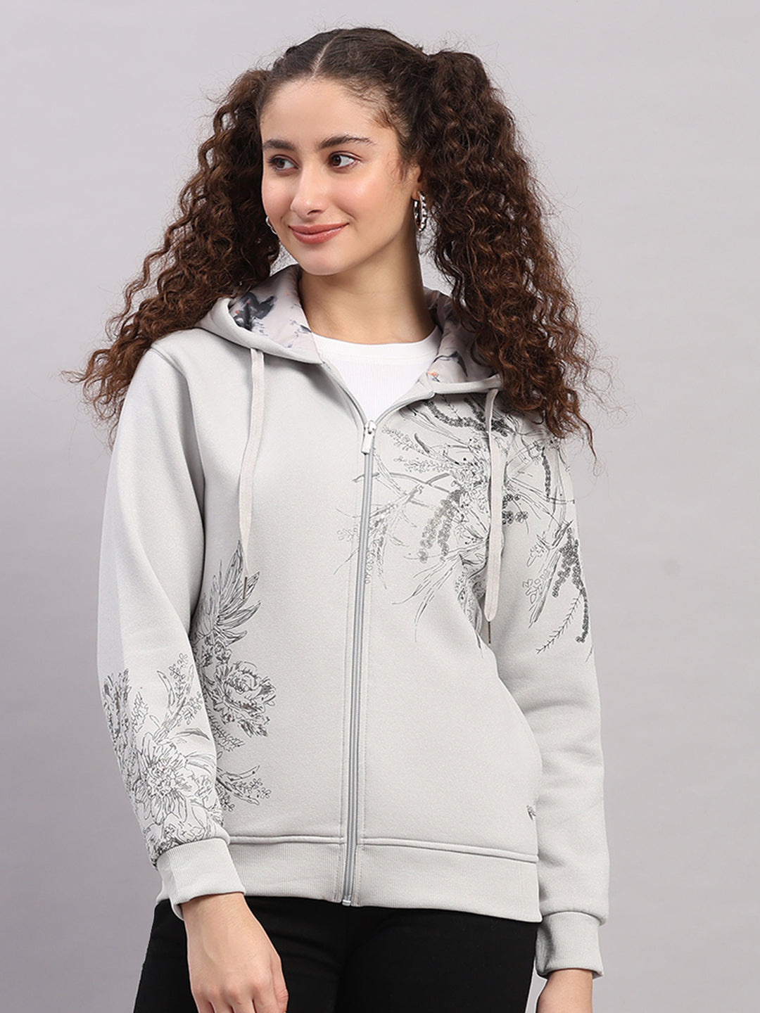 Women Grey Printed Hooded Full Sleeve Sweatshirt