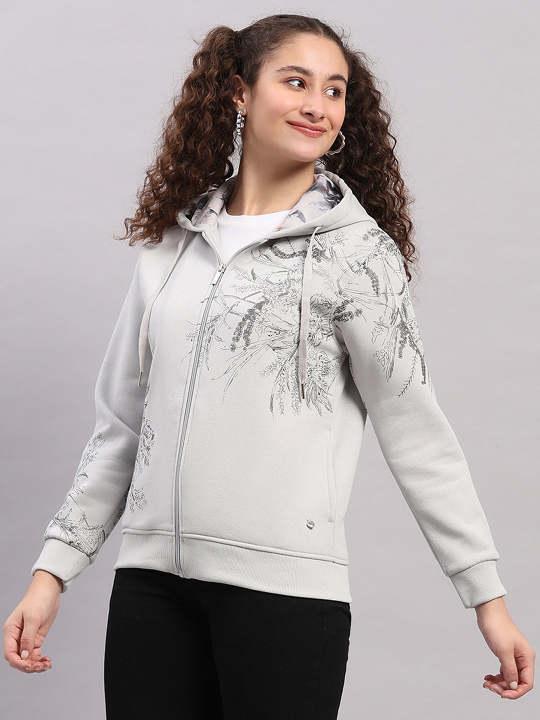 Women Grey Printed Hooded Full Sleeve Sweatshirt