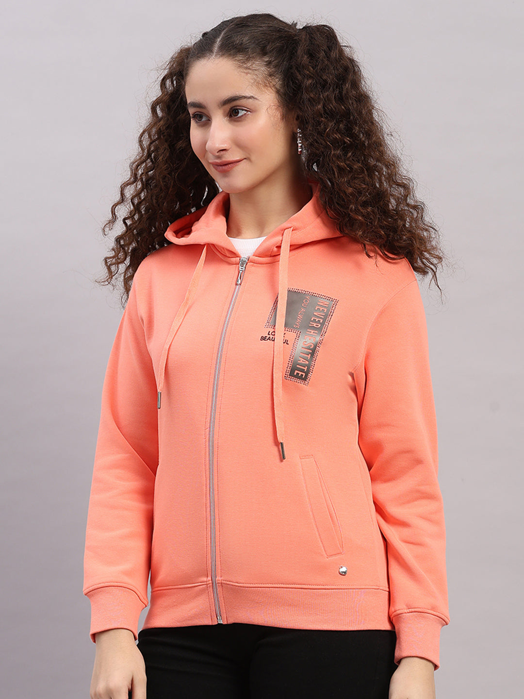 Women Peach Printed Hooded Full Sleeve Sweatshirt