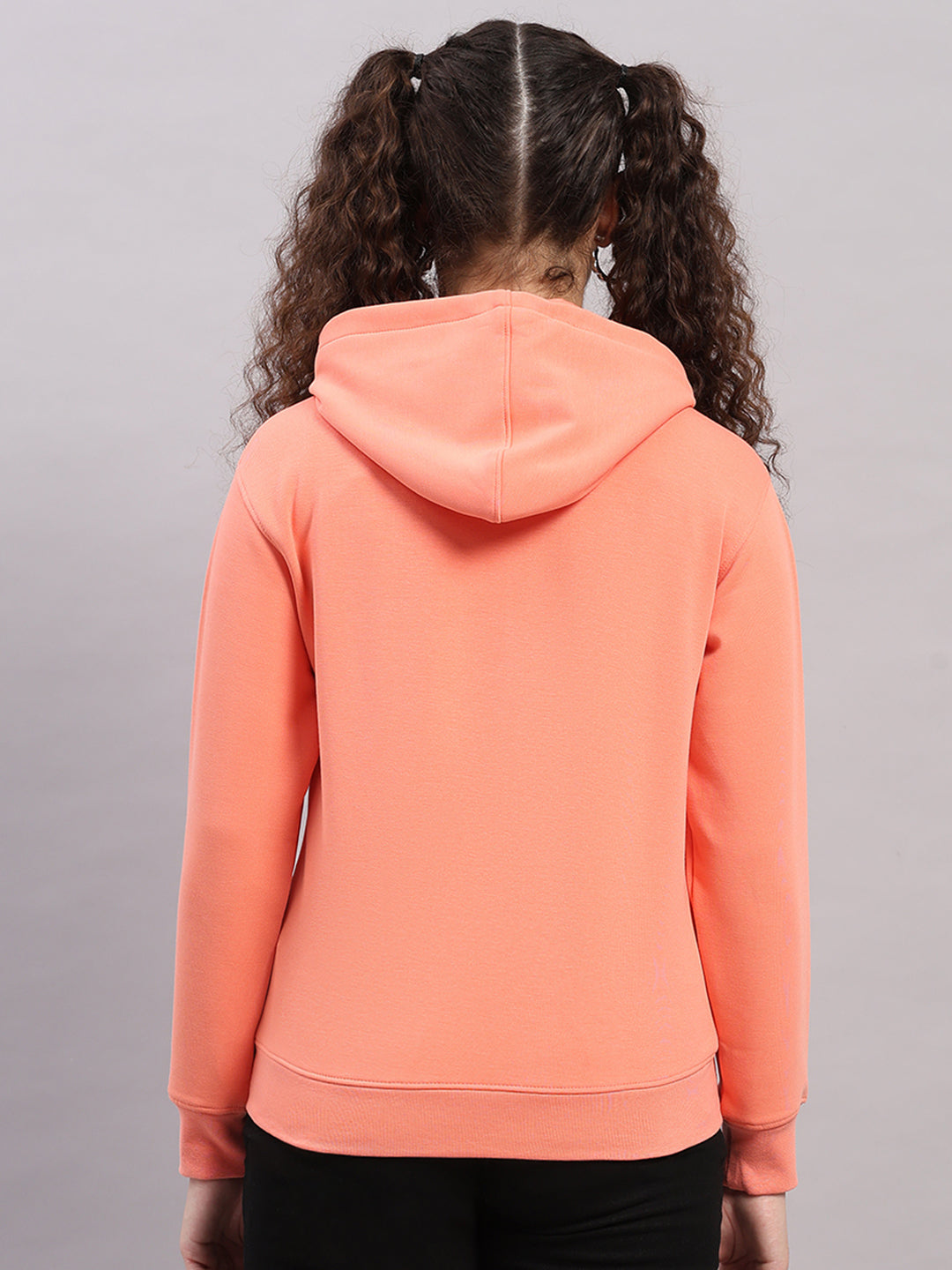 Women Peach Printed Hooded Full Sleeve Sweatshirt
