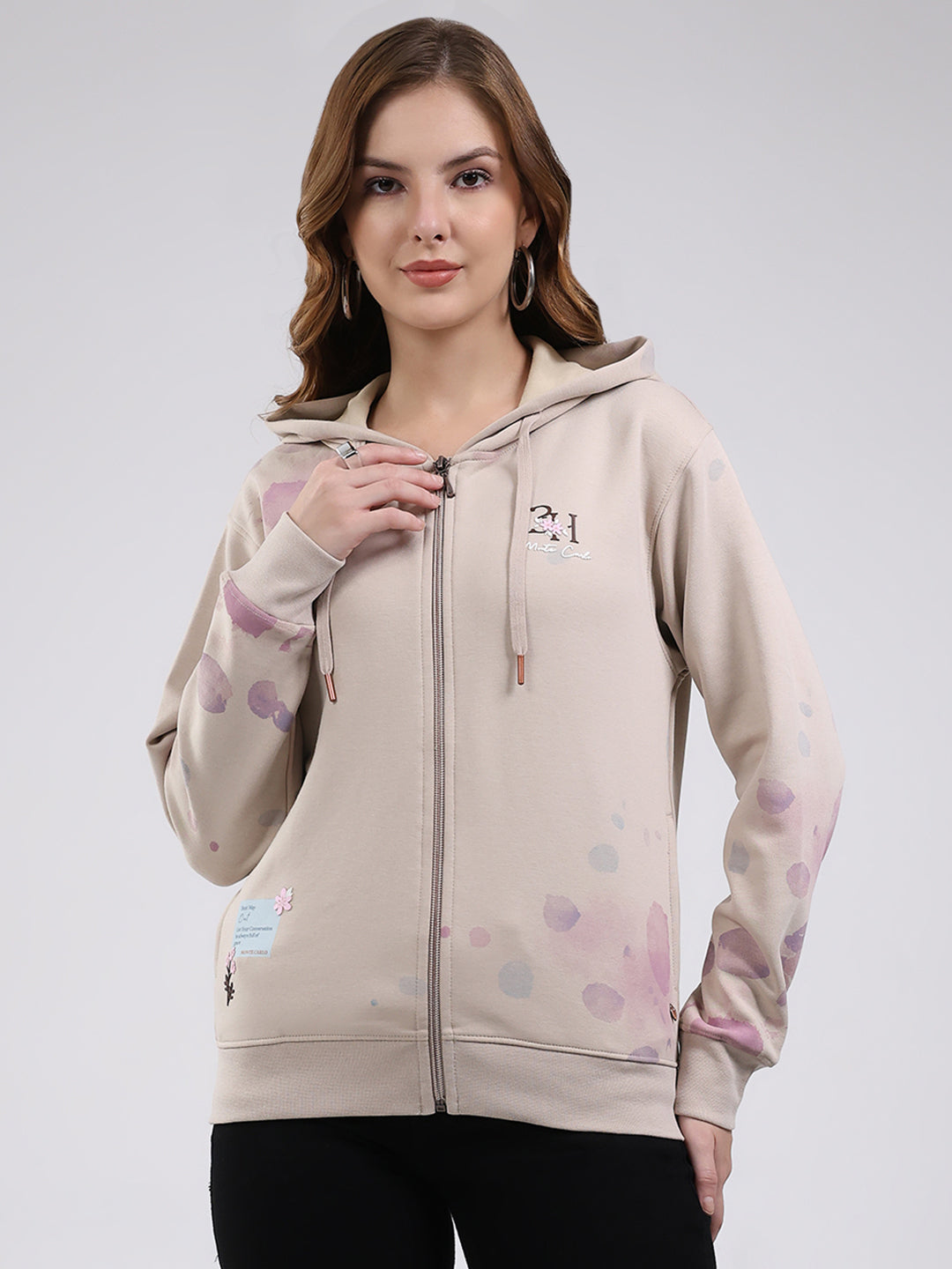 Women Beige Printed Hooded Full Sleeve Sweatshirt