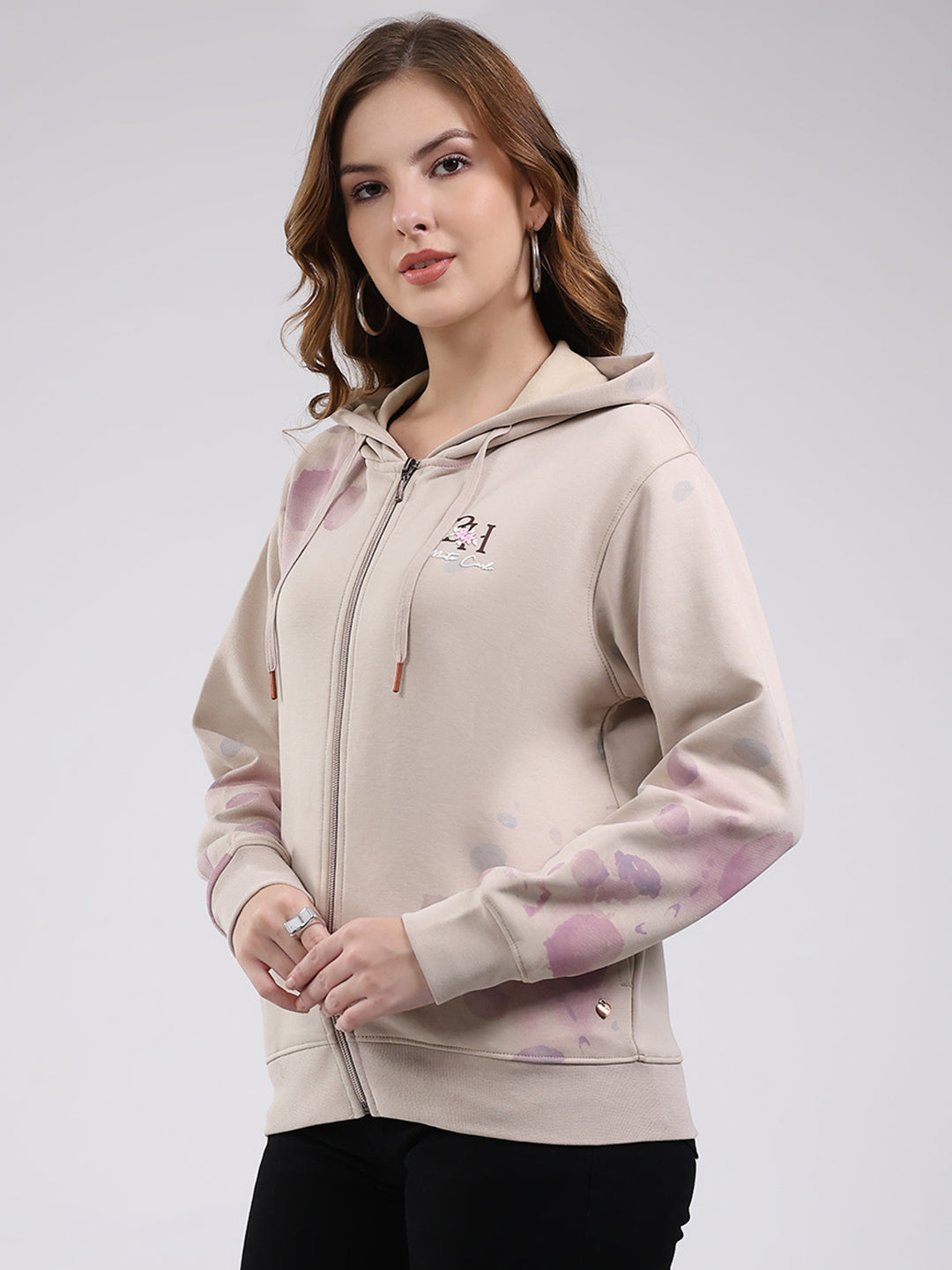 Women Beige Printed Hooded Full Sleeve Sweatshirt