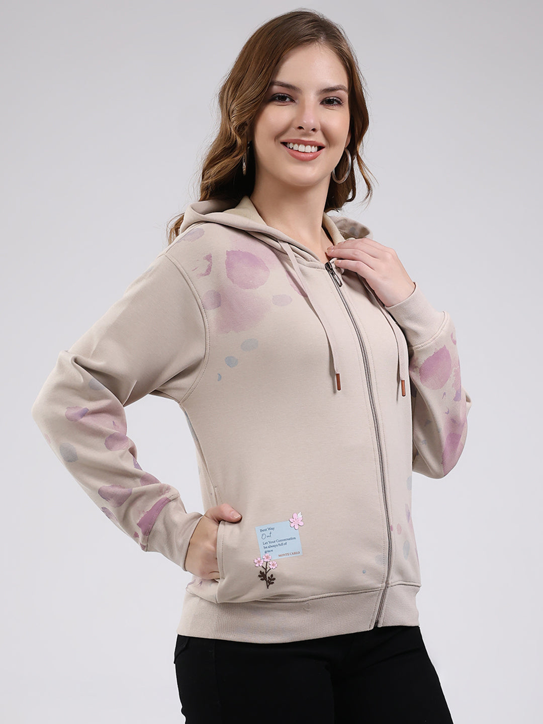Women Beige Printed Hooded Full Sleeve Sweatshirt
