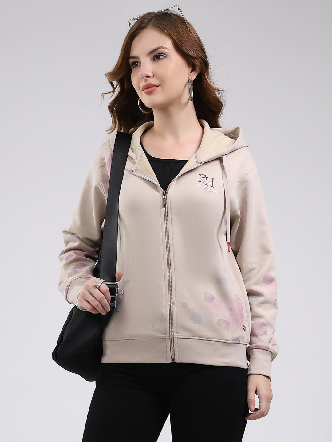 Women Beige Printed Hooded Full Sleeve Sweatshirt