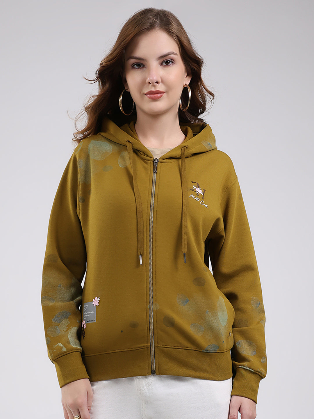 Women Olive Printed Hooded Full Sleeve Sweatshirt