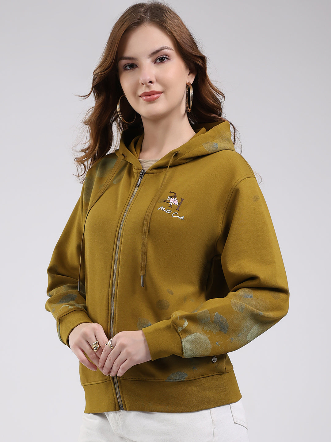 Women Olive Printed Hooded Full Sleeve Sweatshirt