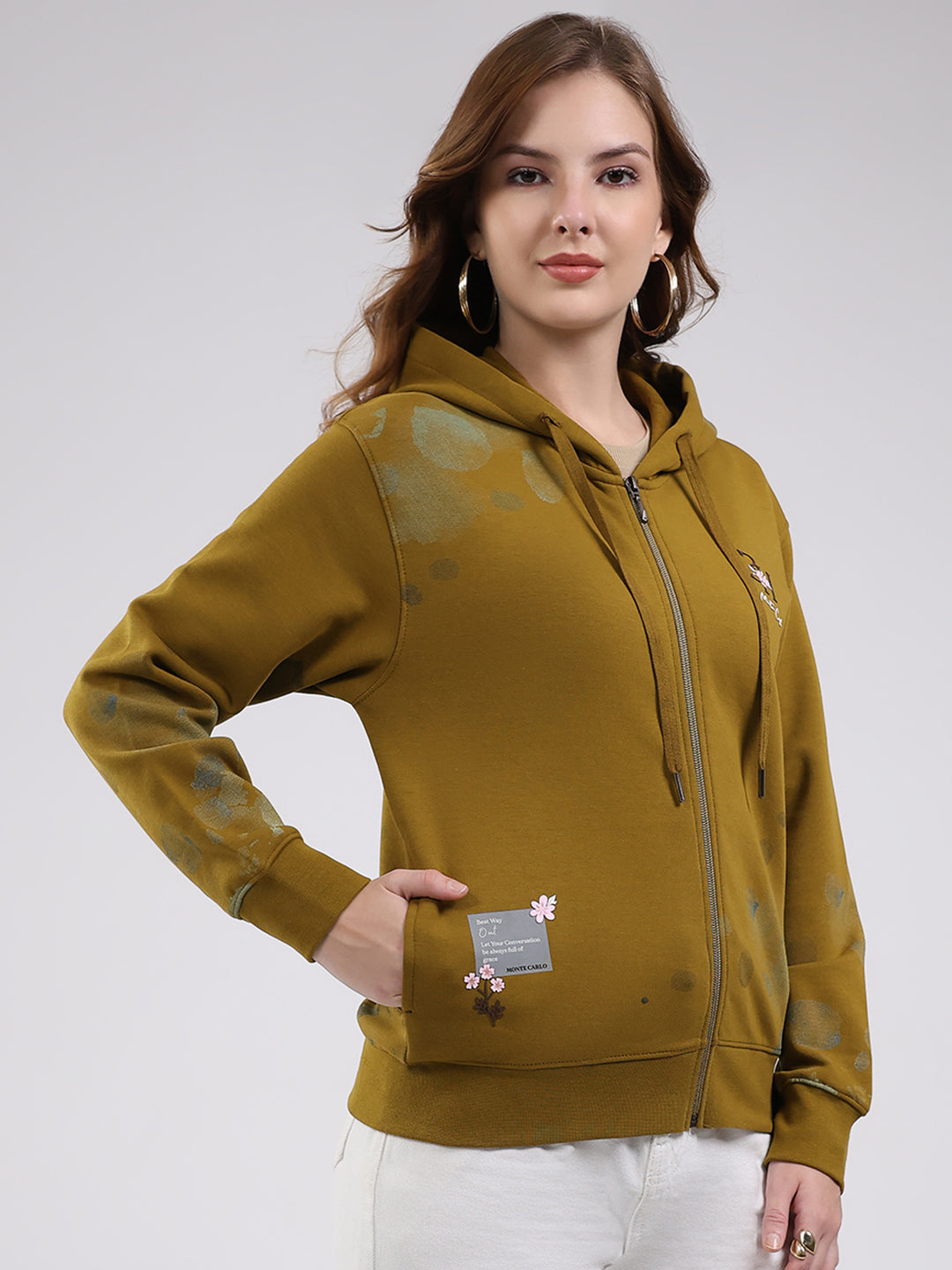 Women Olive Printed Hooded Full Sleeve Sweatshirt