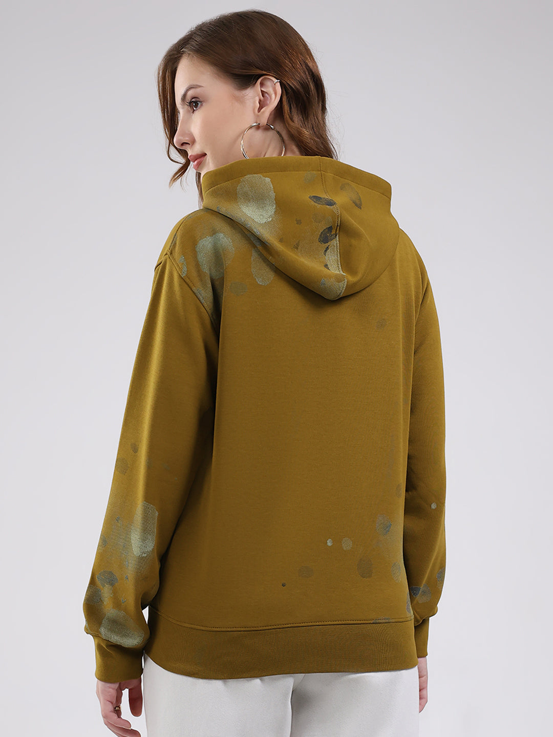 Women Olive Printed Hooded Full Sleeve Sweatshirt