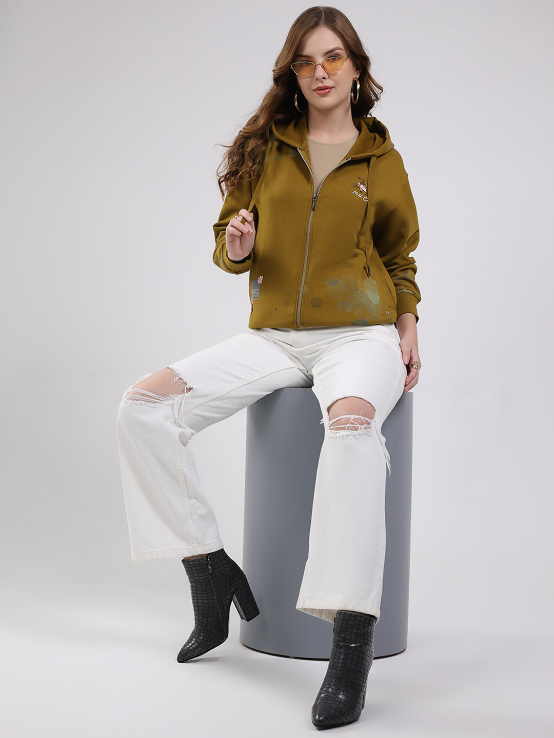 Women Olive Printed Hooded Full Sleeve Sweatshirt