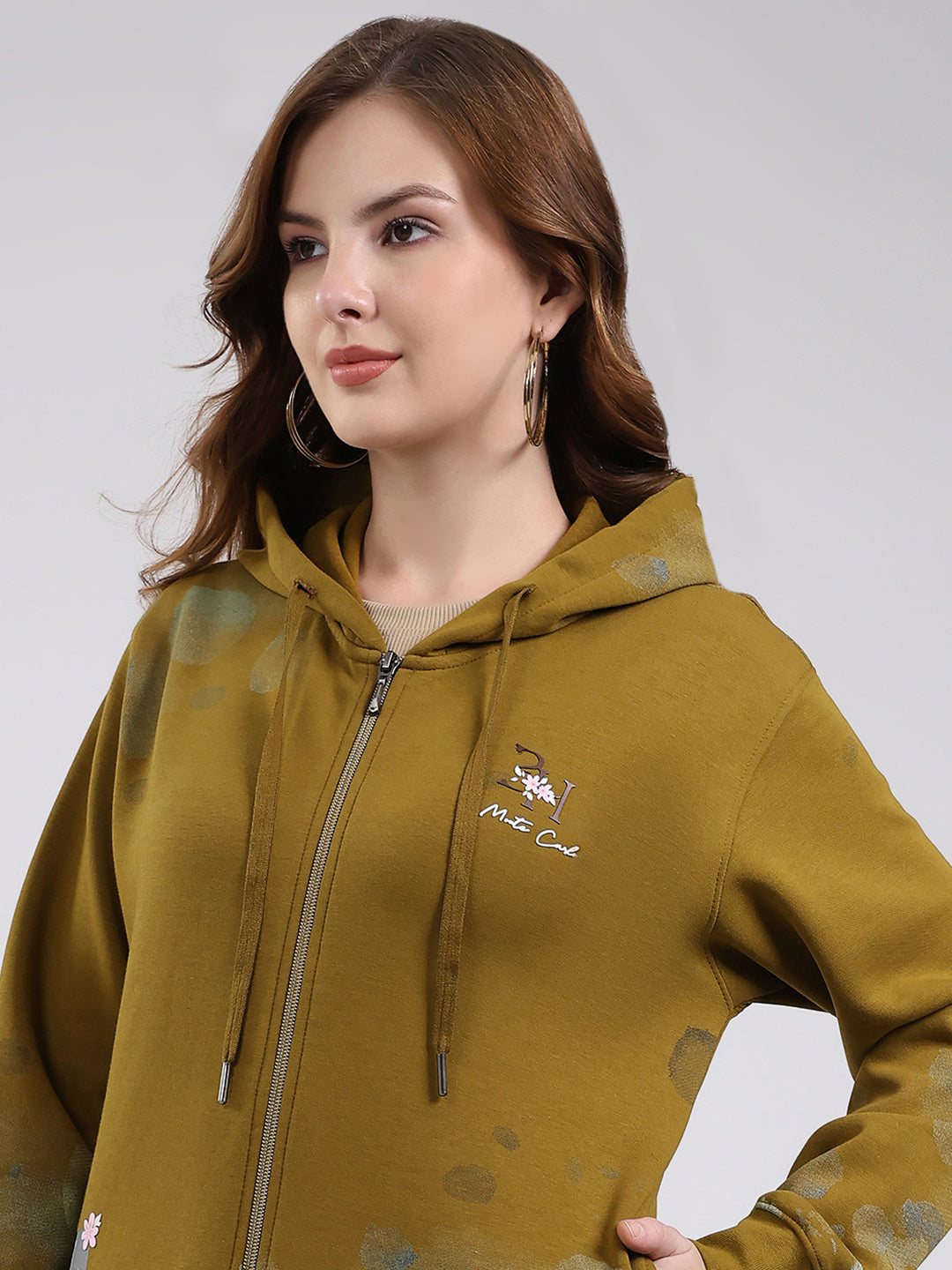 Women Olive Printed Hooded Full Sleeve Sweatshirt