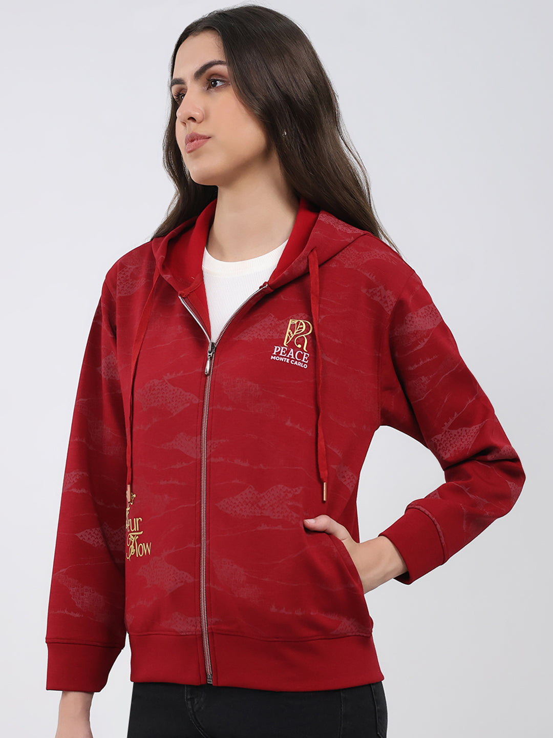 Women Maroon Printed Hooded Full Sleeve Sweatshirt