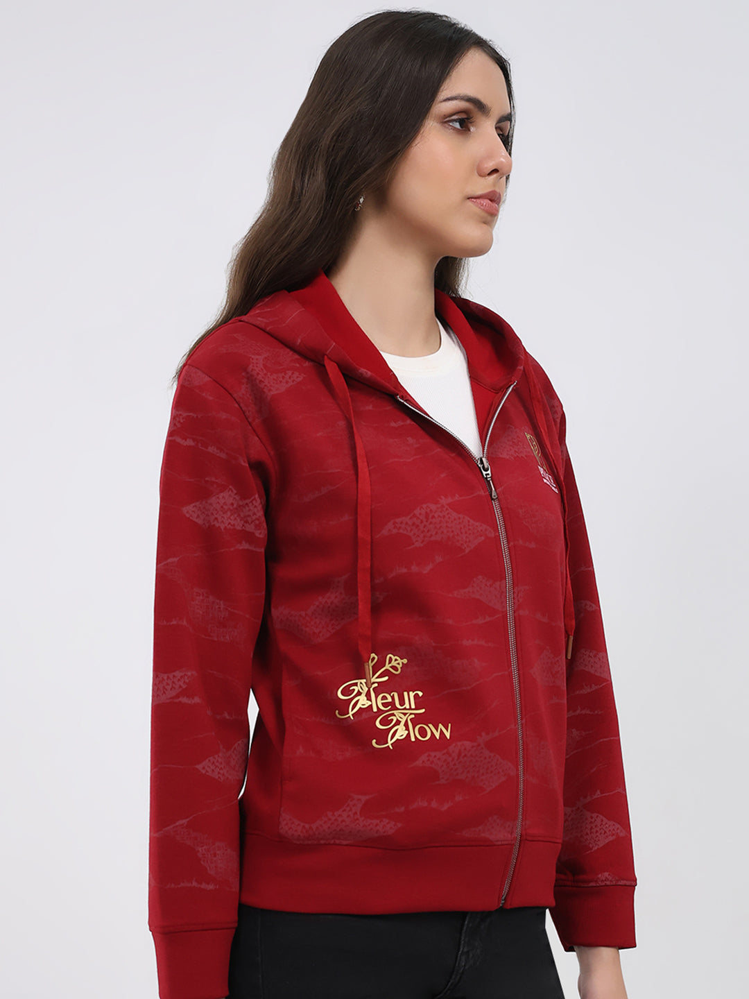 Women Maroon Printed Hooded Full Sleeve Sweatshirt