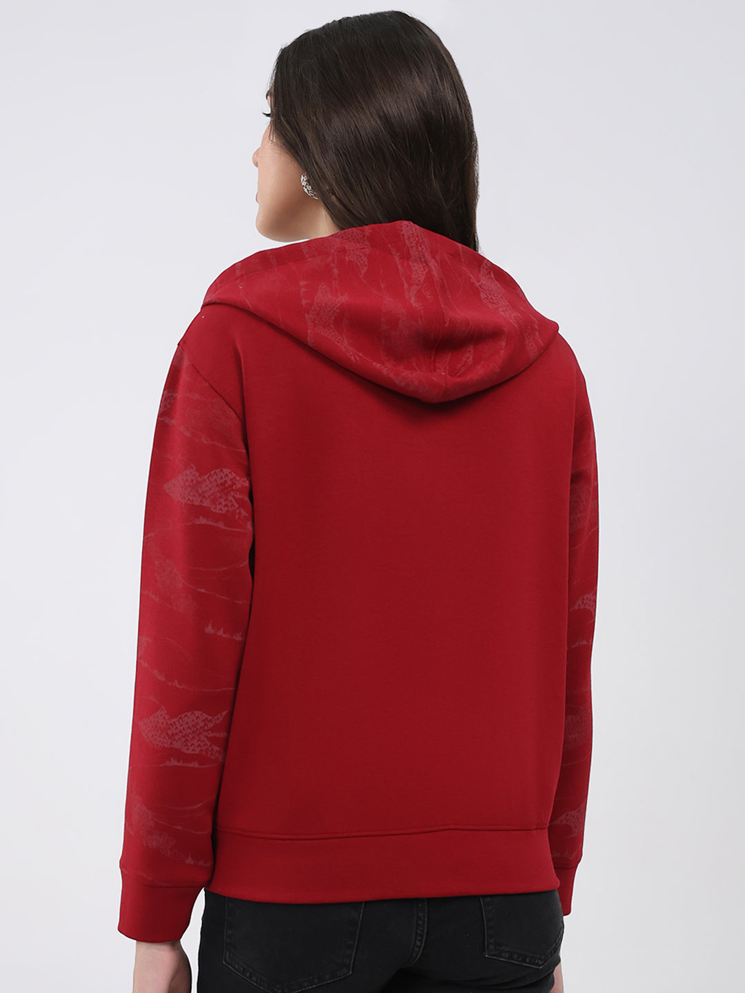 Women Maroon Printed Hooded Full Sleeve Sweatshirt