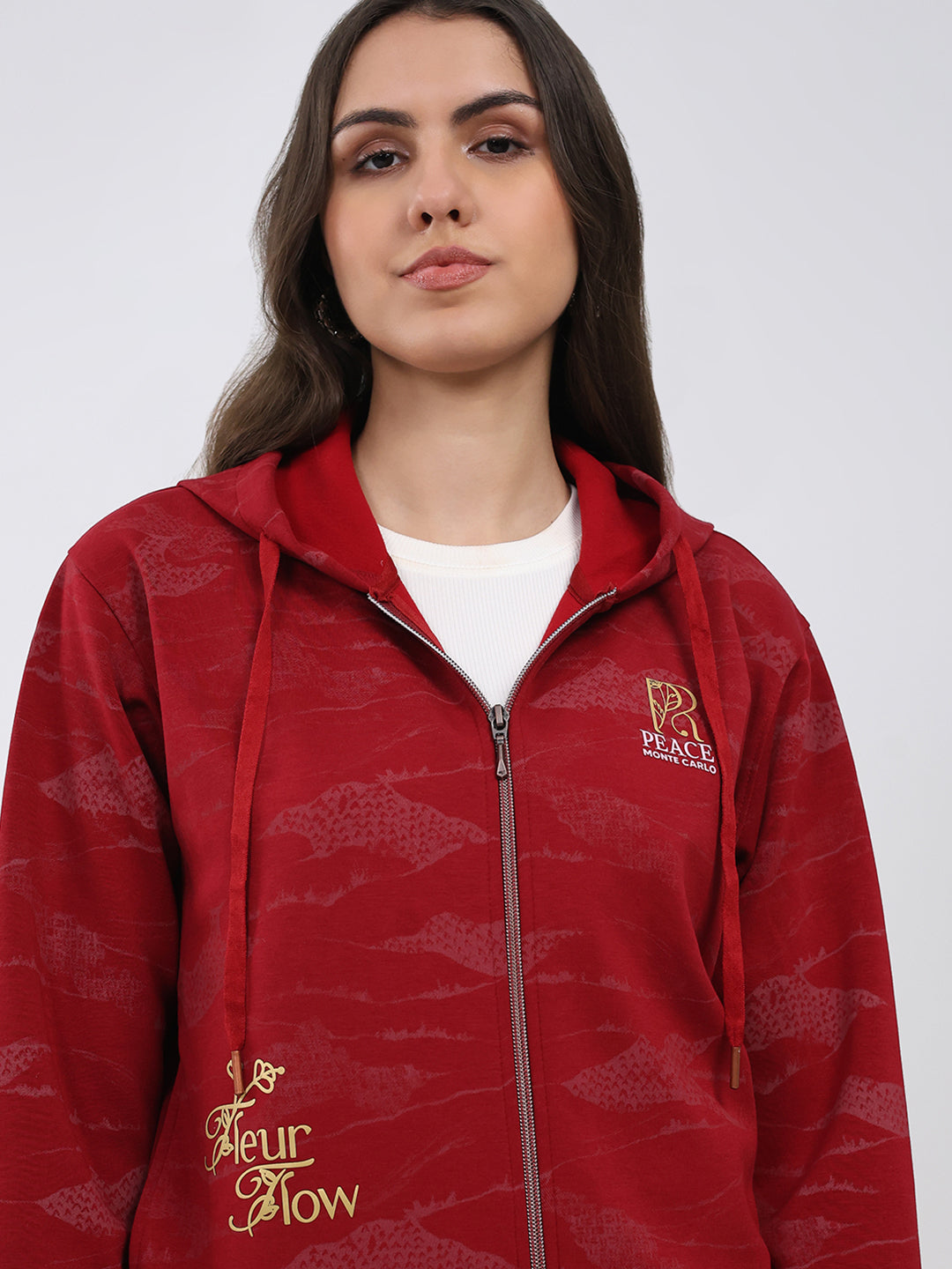 Women Maroon Printed Hooded Full Sleeve Sweatshirt