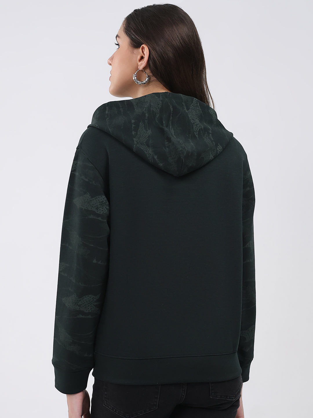 Women Dark Green Printed Hooded Full Sleeve Sweatshirt