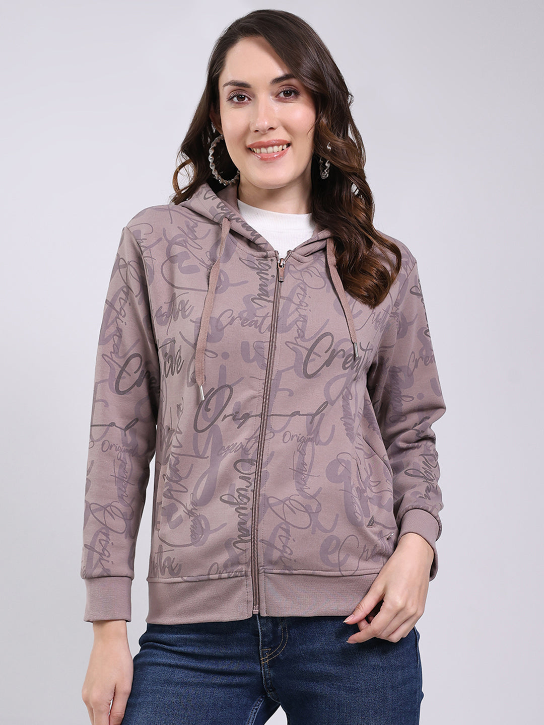 Women Mauve Printed Hooded Full Sleeve Sweatshirt