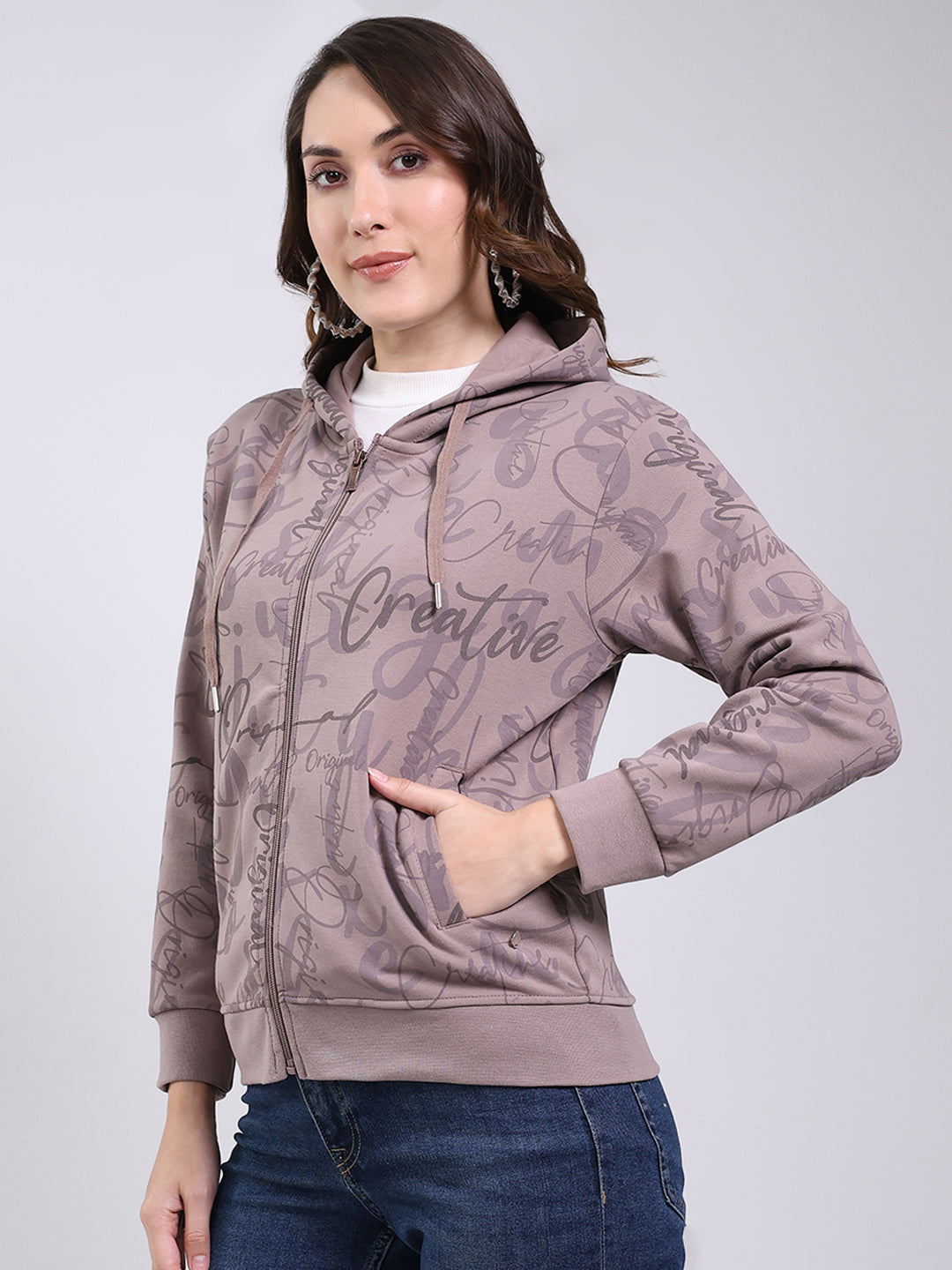 Women Mauve Printed Hooded Full Sleeve Sweatshirt