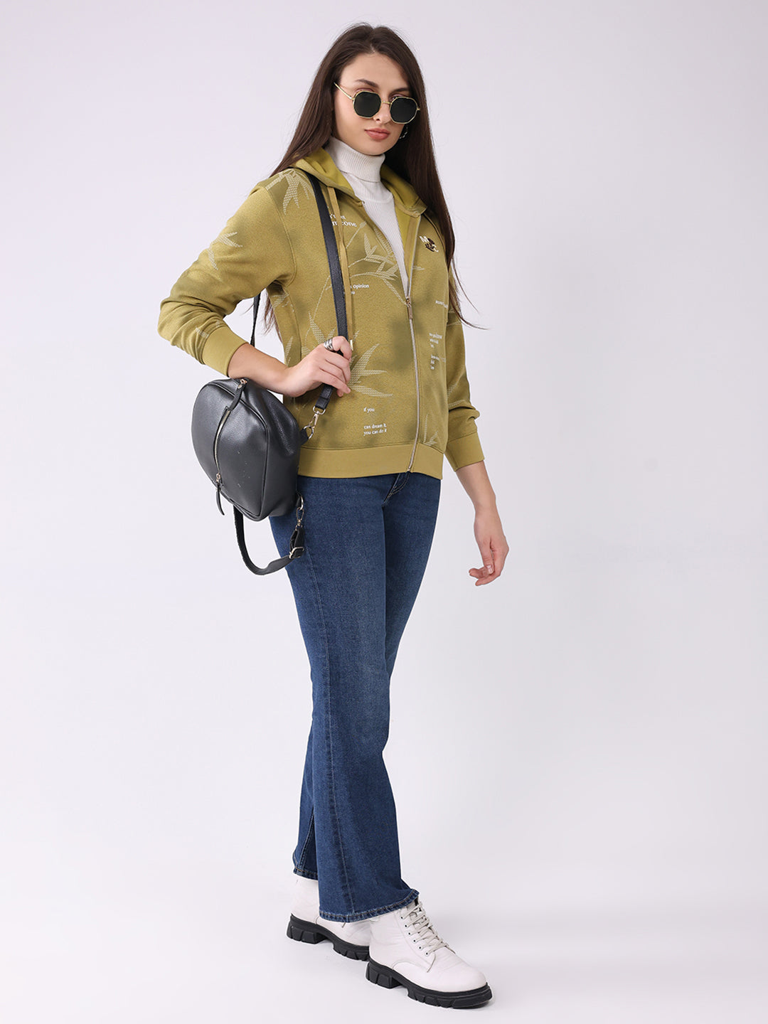 Women Green Printed Hooded Full Sleeve Sweatshirt