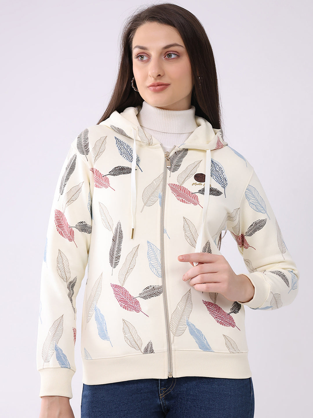Women Cream Printed Hooded Full Sleeve Sweatshirt