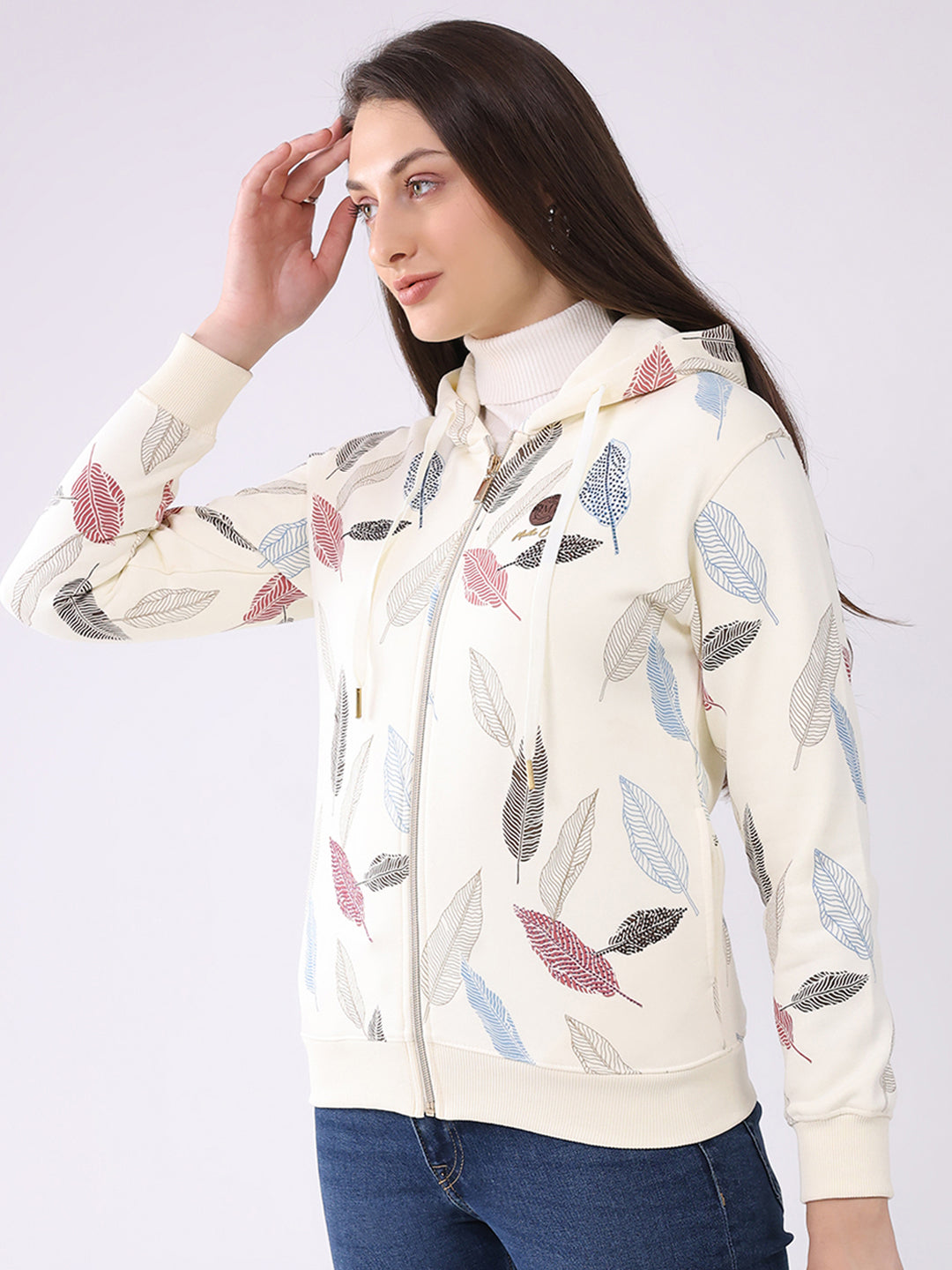 Women Cream Printed Hooded Full Sleeve Sweatshirt