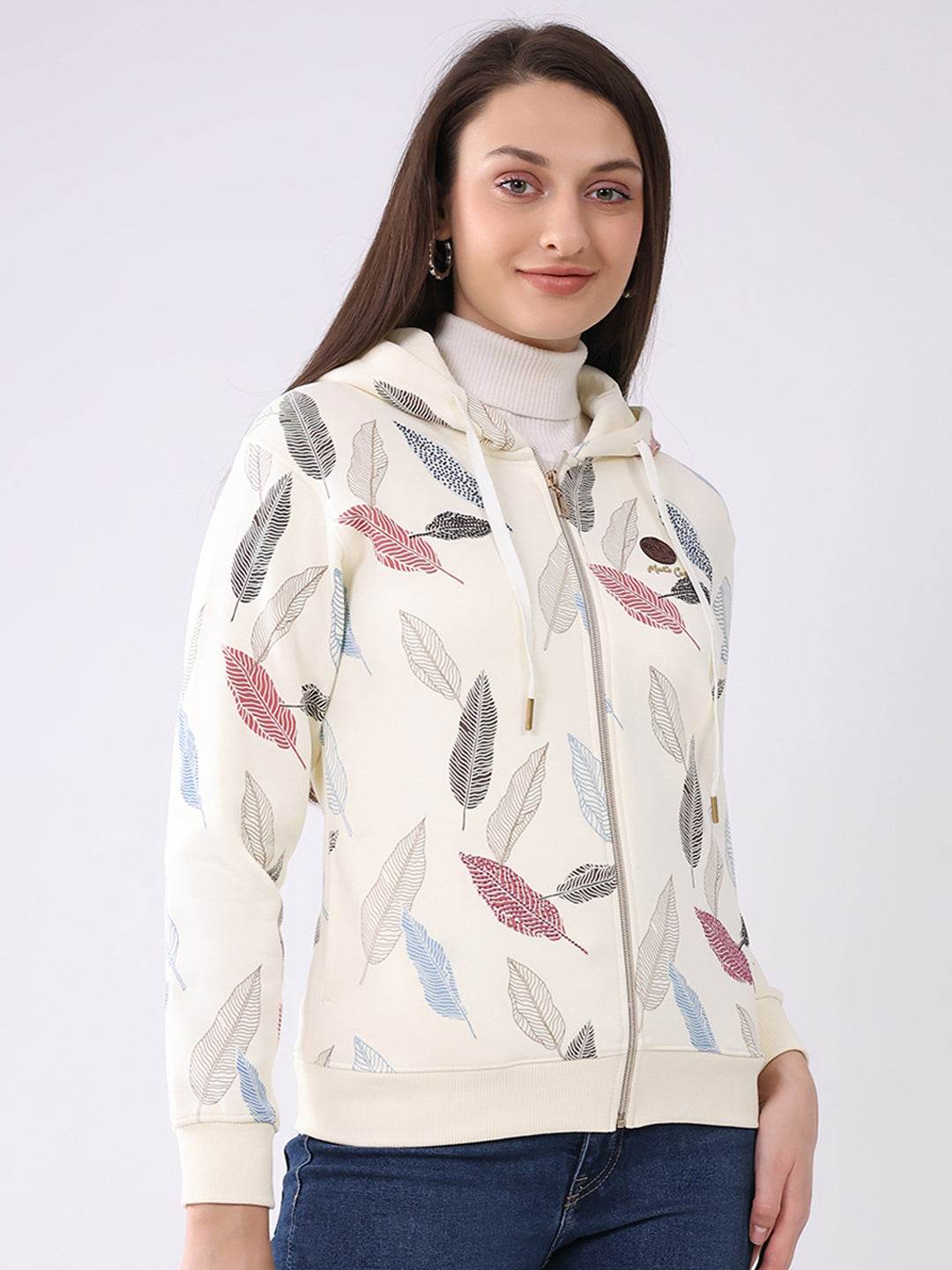 Women Cream Printed Hooded Full Sleeve Sweatshirt