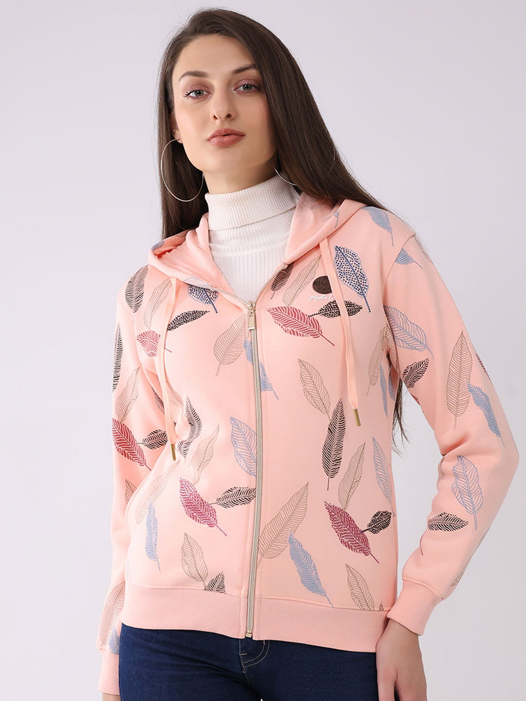 Women Peach Printed Hooded Full Sleeve Sweatshirt