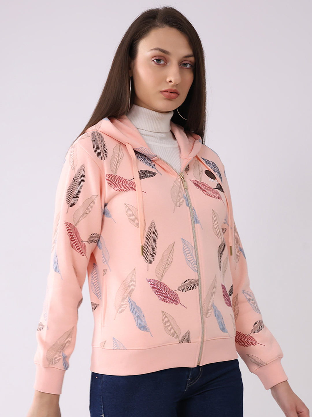 Women Peach Printed Hooded Full Sleeve Sweatshirt