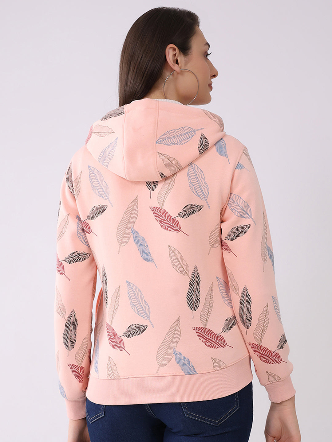 Women Peach Printed Hooded Full Sleeve Sweatshirt