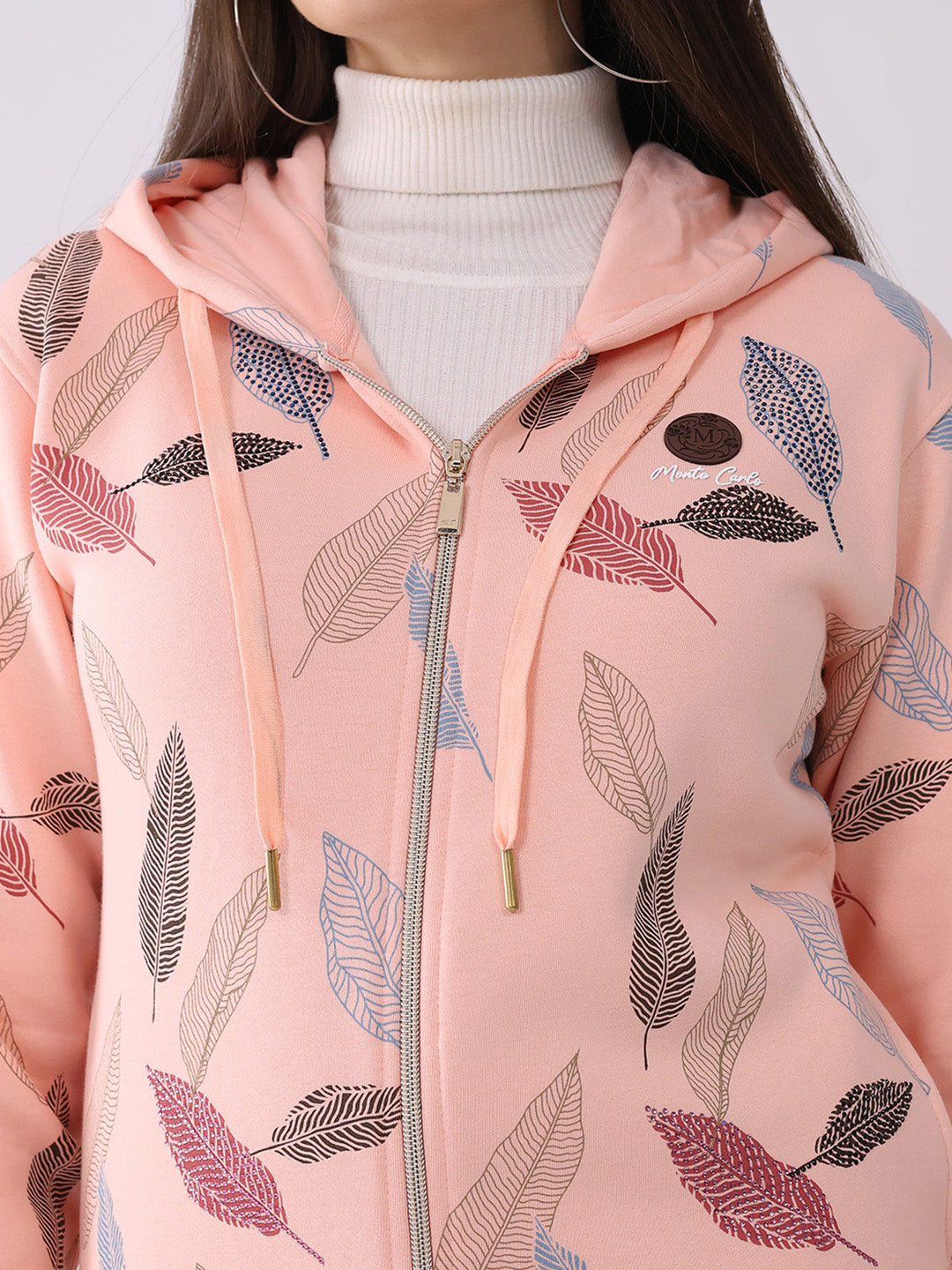Women Peach Printed Hooded Full Sleeve Sweatshirt