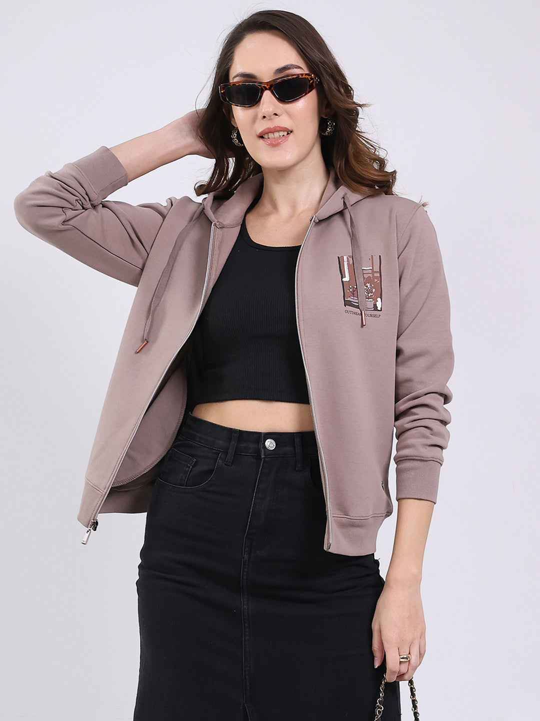 Women Mauve Printed Hooded Full Sleeve Sweatshirt