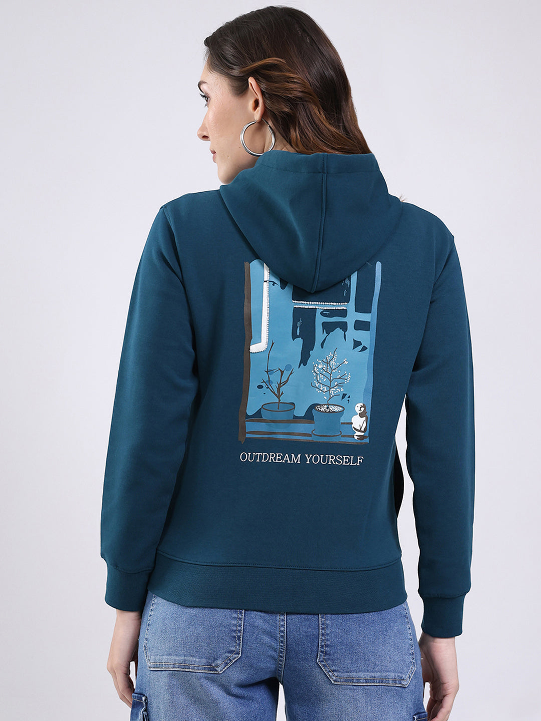 Women Teal Blue Printed Hooded Full Sleeve Sweatshirt