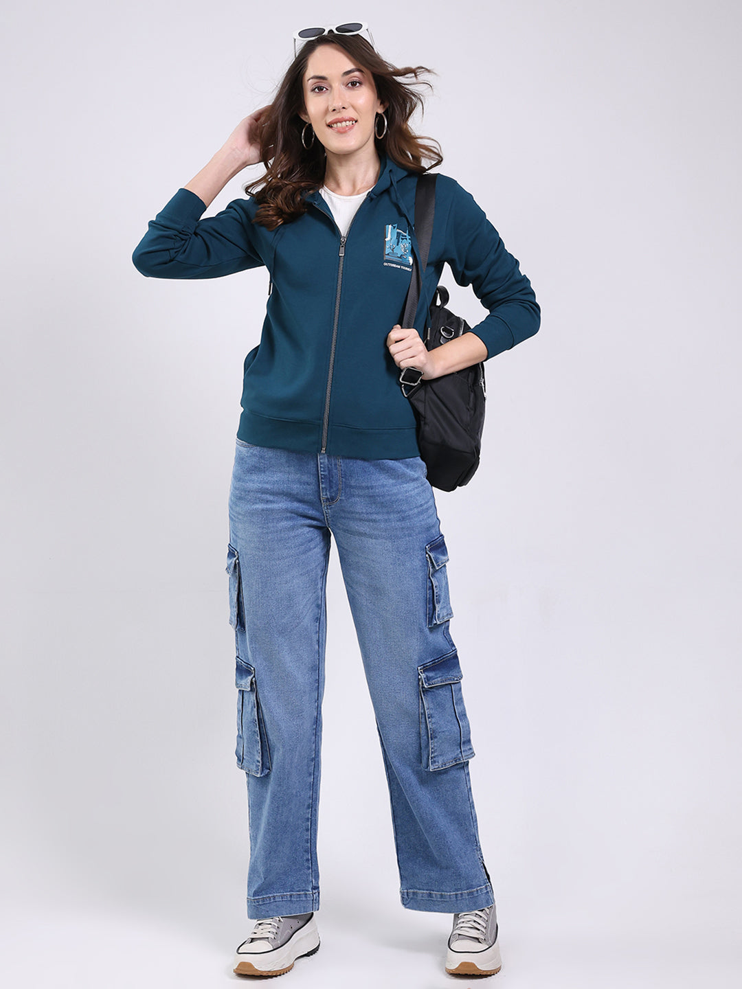 Women Teal Blue Printed Hooded Full Sleeve Sweatshirt