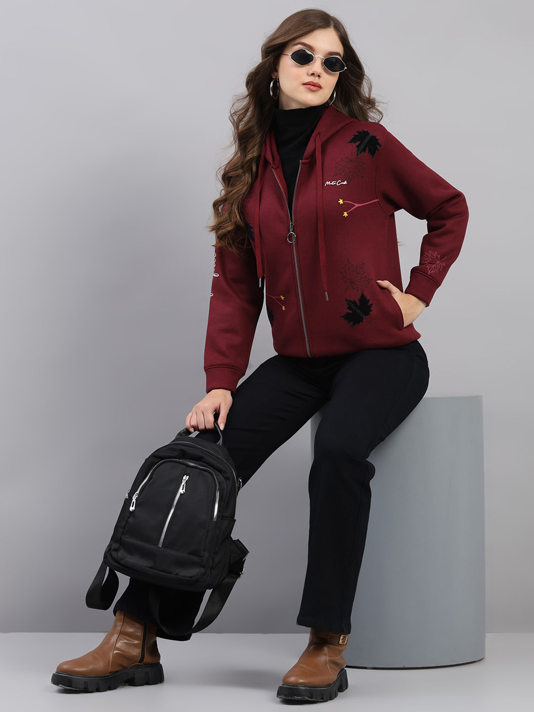 Women Maroon Printed Hooded Full Sleeve Sweatshirt