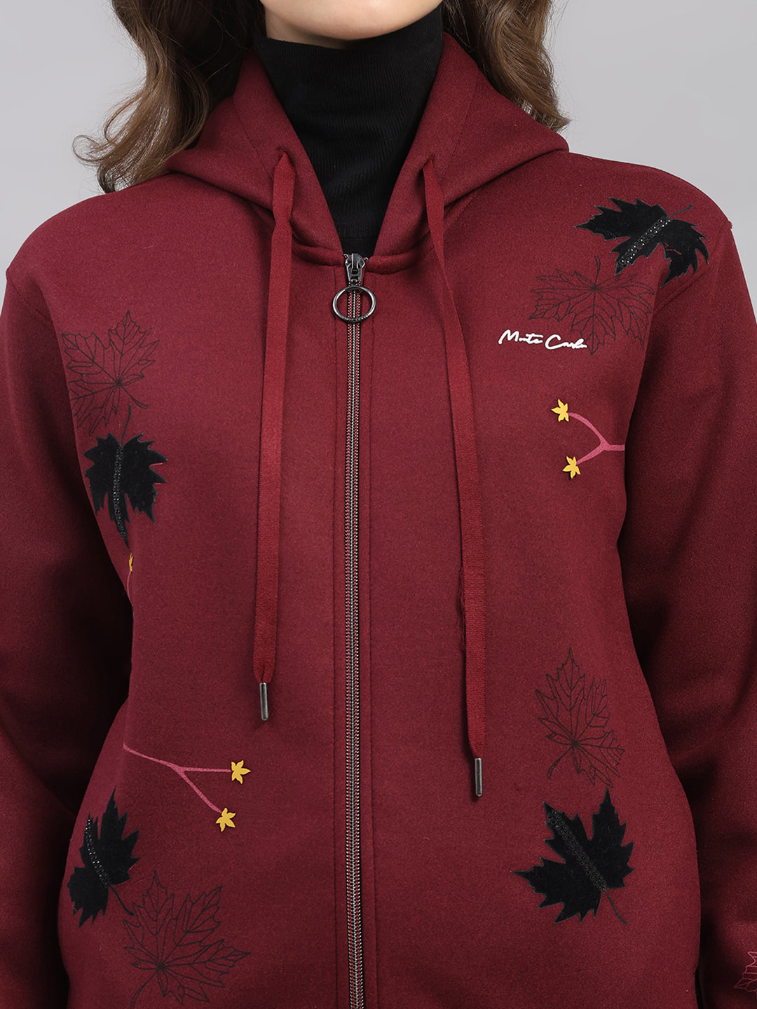 Women Maroon Printed Hooded Full Sleeve Sweatshirt