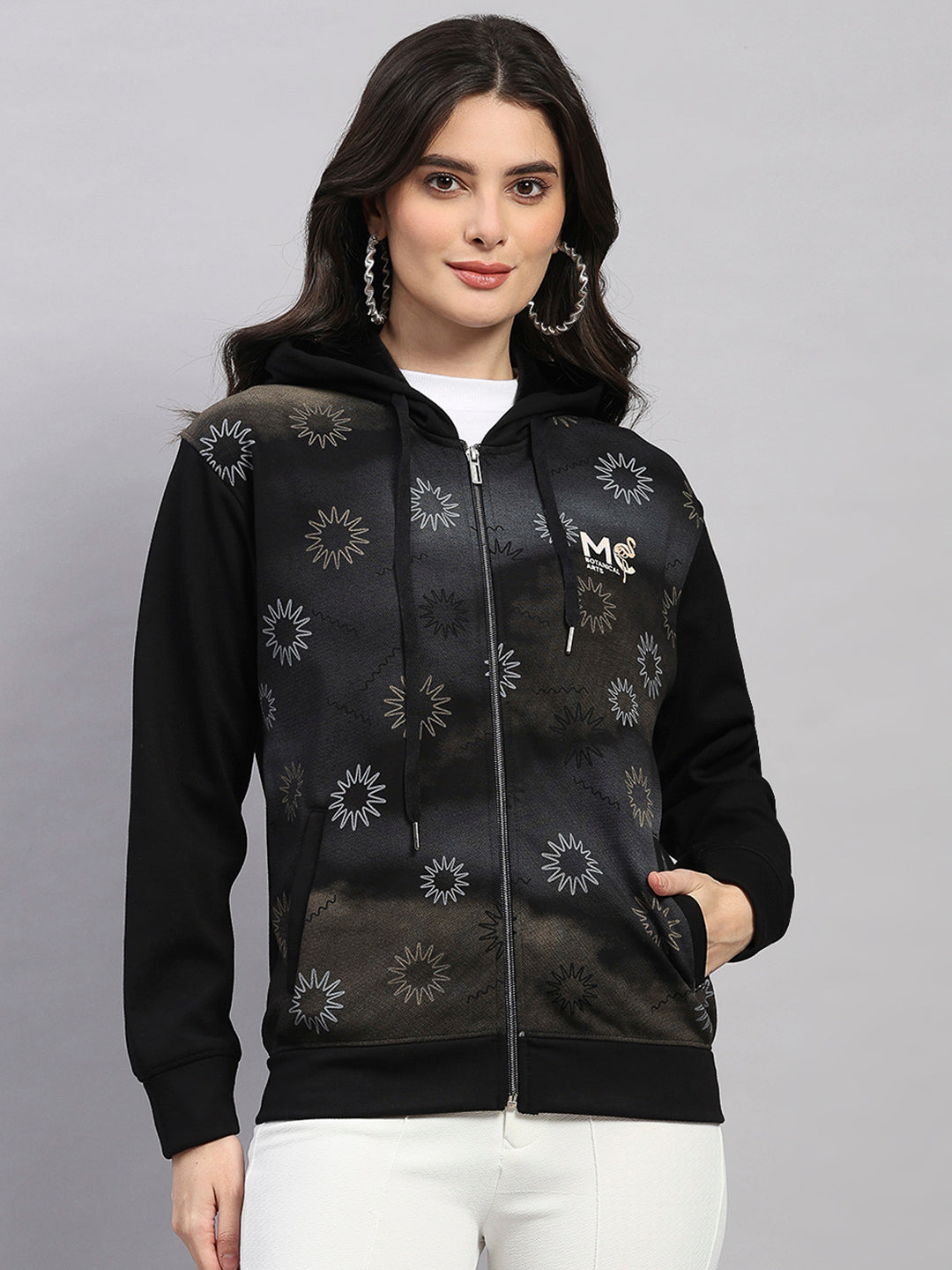 Women Black Printed Hooded Full Sleeve Sweatshirt
