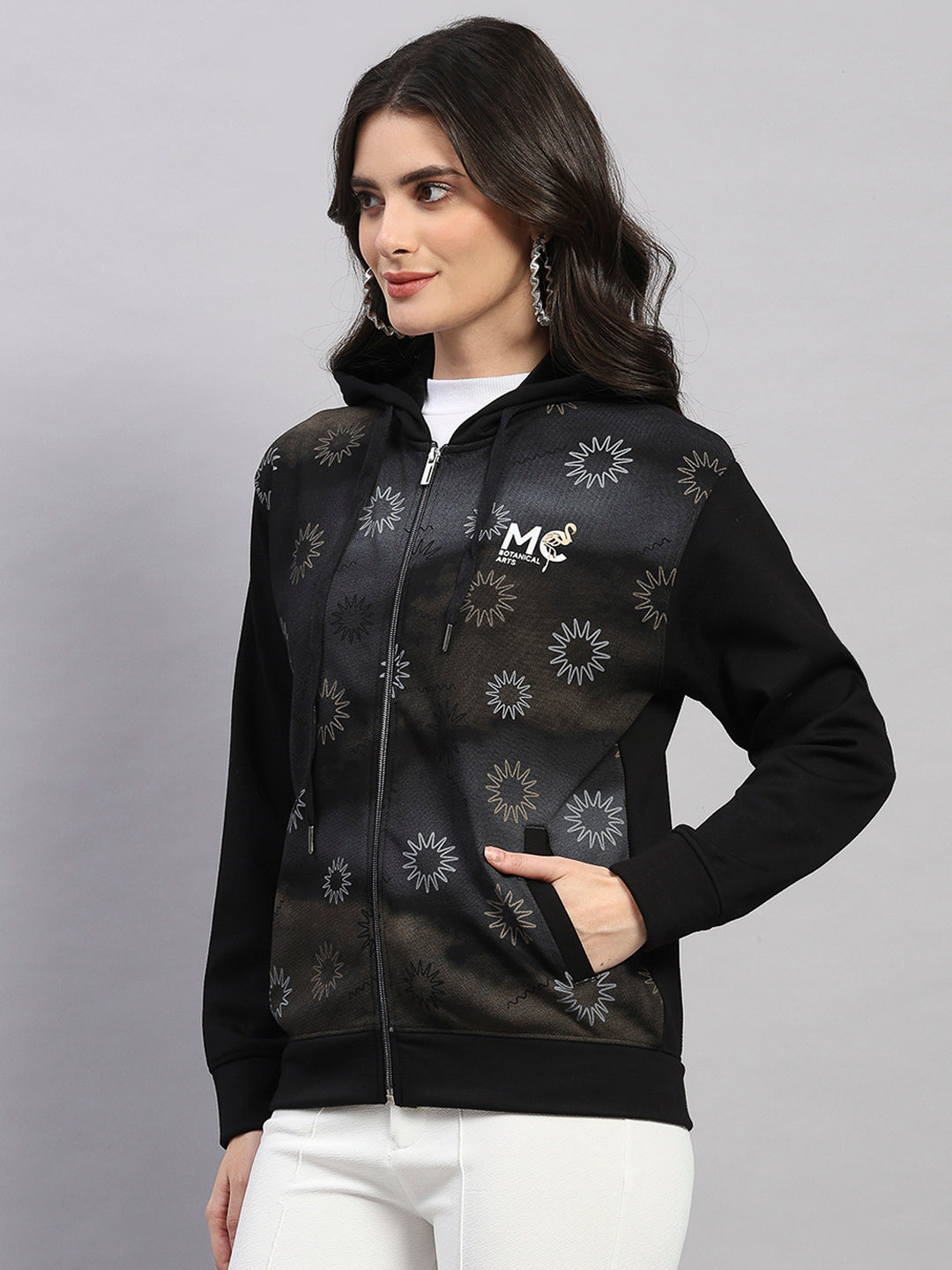 Women Black Printed Hooded Full Sleeve Sweatshirt