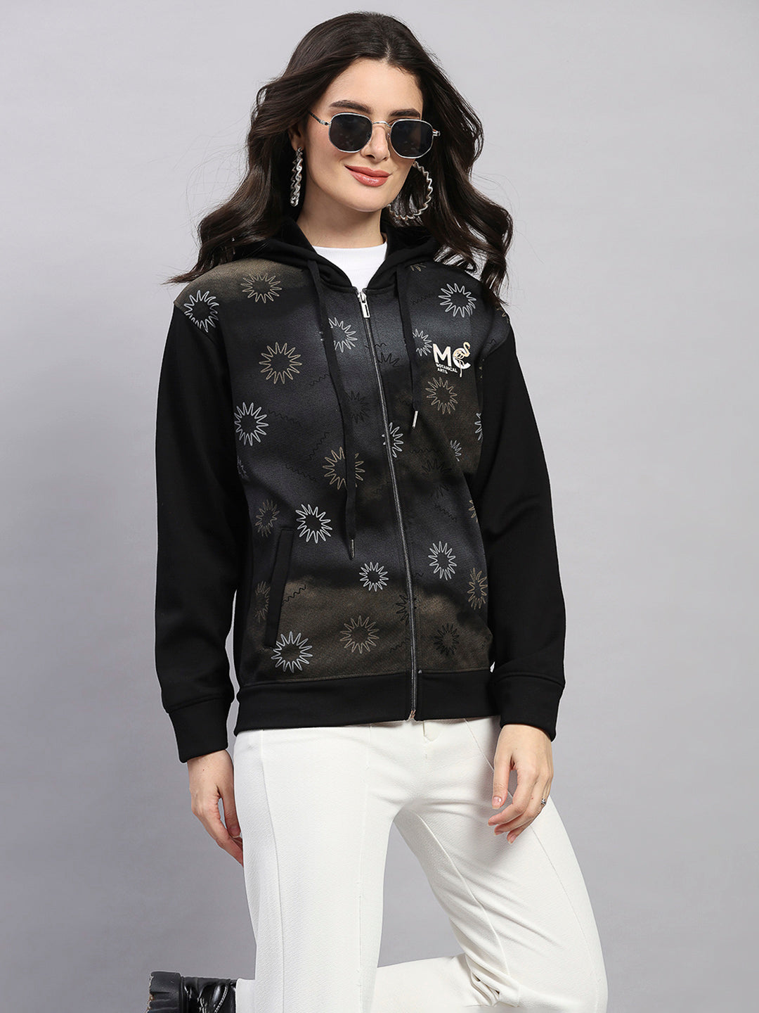 Women Black Printed Hooded Full Sleeve Sweatshirt