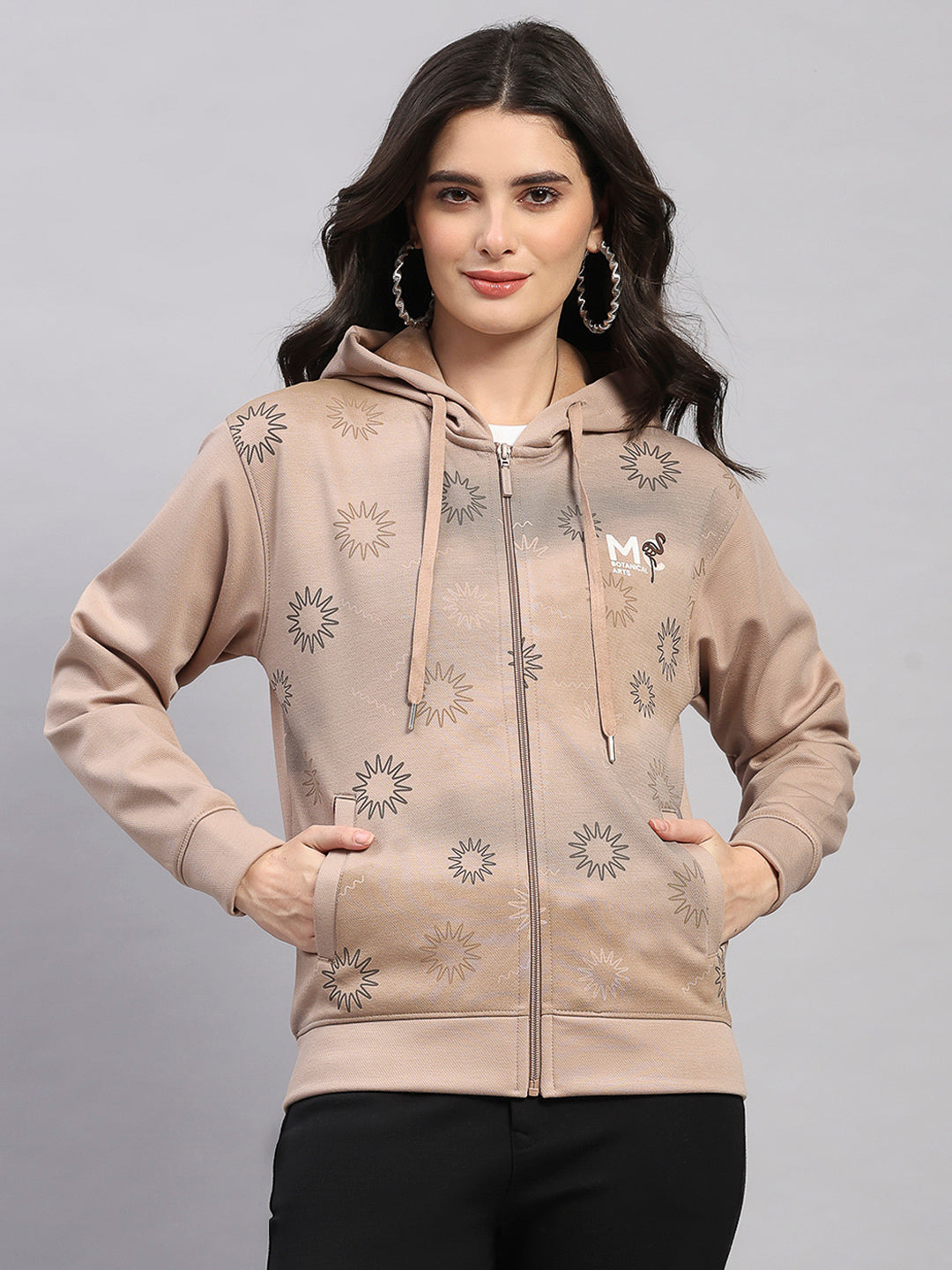 Women Camel Brown Printed Hooded Full Sleeve Sweatshirt
