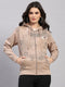 Women Camel Brown Printed Hooded Full Sleeve Sweatshirt