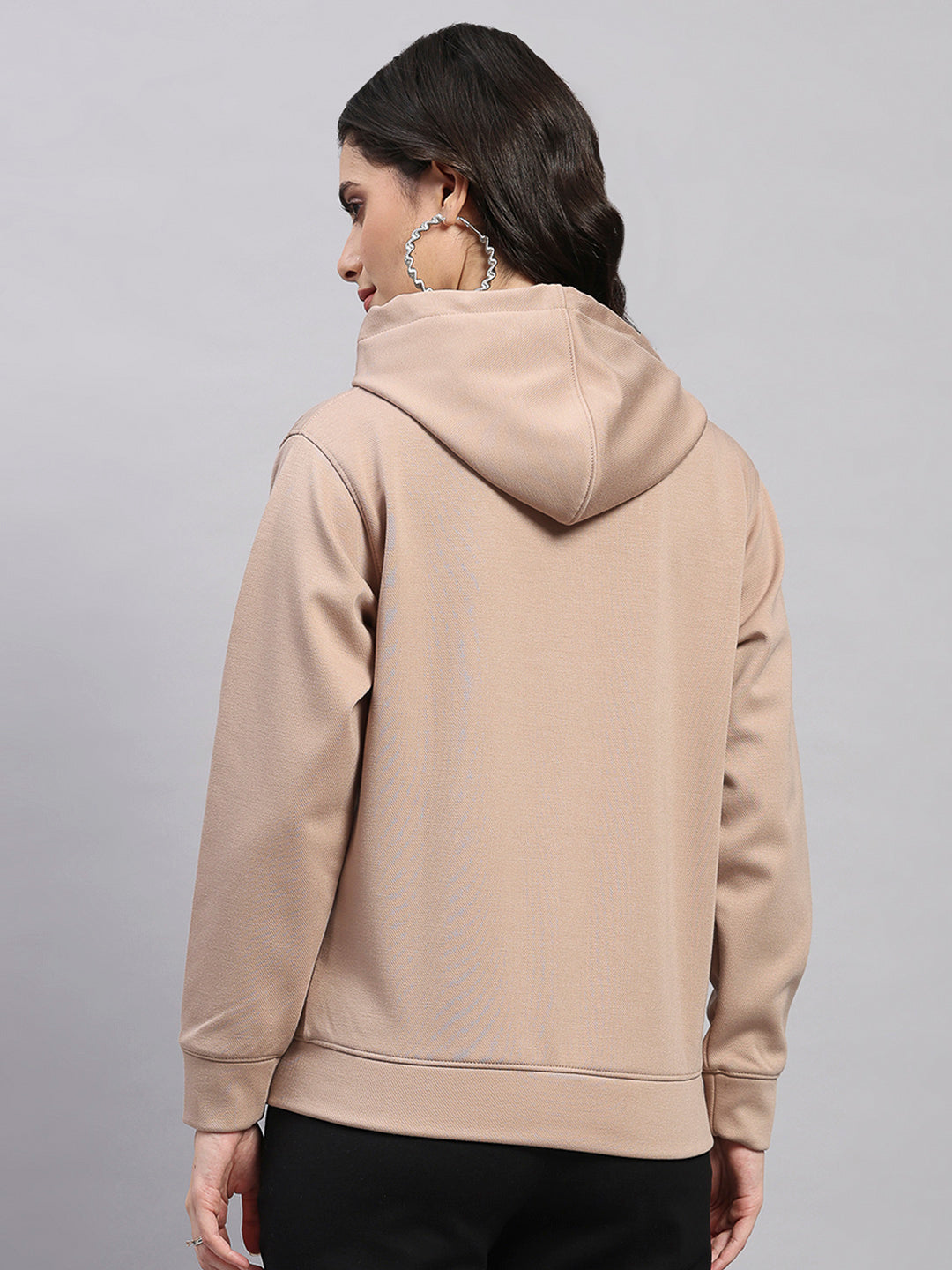 Women Camel Brown Printed Hooded Full Sleeve Sweatshirt