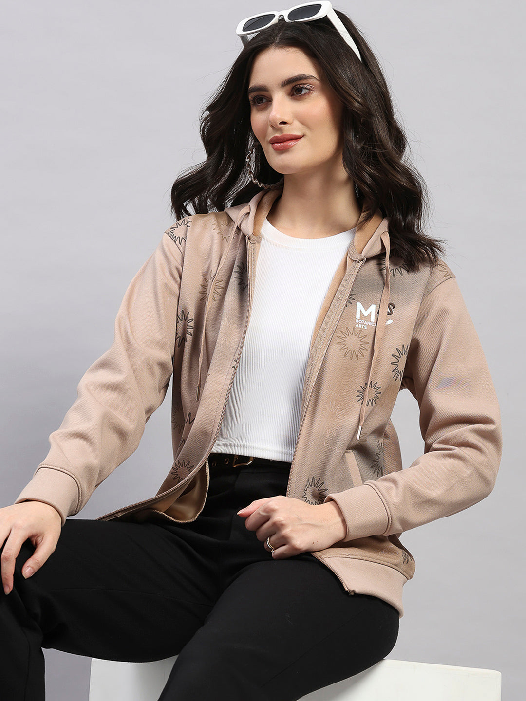 Women Camel Brown Printed Hooded Full Sleeve Sweatshirt